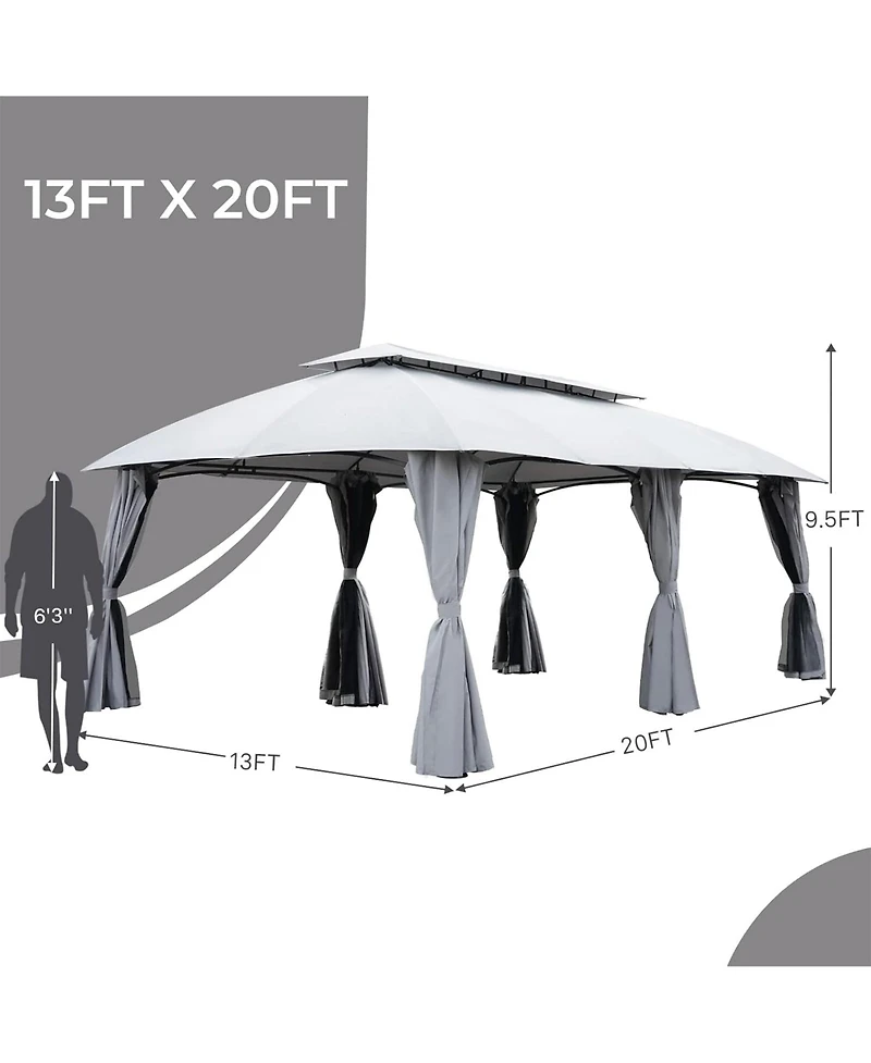 Mondawe 13x20ft Outdoor Gazebo,Powder Coated Steel Frame W/ Uv-Resistant Canopy&Dual-Layer Curtains
