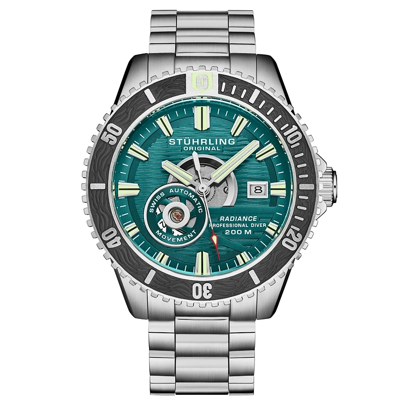 Stuhrling 1013 Men s Automatic Watch Swiss Movement Turquoise Dial Gunmetal Bezel Stainless Steel Bracelet 200M Water Resistant Diver Date Window