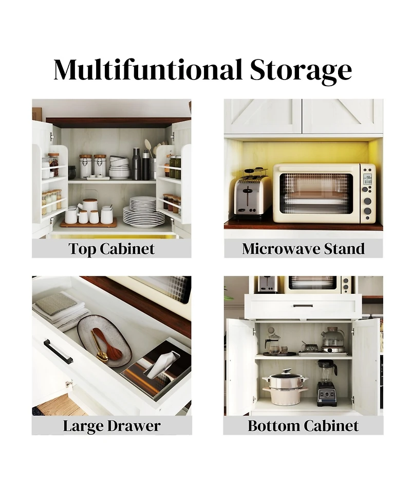 70.87'' Multifunctional Farmhouse Kitchen Pantry Sideboard with Cabinet and Drawer, Kitchen Buffet with Hutch and Glass Holder, Microwave Stand with C