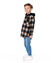 Deux par Boy Hooded Polar Fleece Overshirt with Hood Black and Brown Plaid