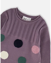 Deux par Baby Girl Jacquard Sweater Dress with Polka Dot Pattern Purple Gray