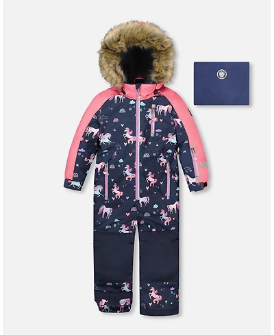 Deux par Girl One-Piece Play Snowsuit Navy Unicorn Print