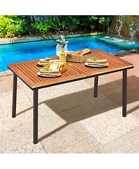 Gymax Rectangle Patio Outdoor Dining Table Acacia Wood Tabletop w/ 2'' Umbrella Hole