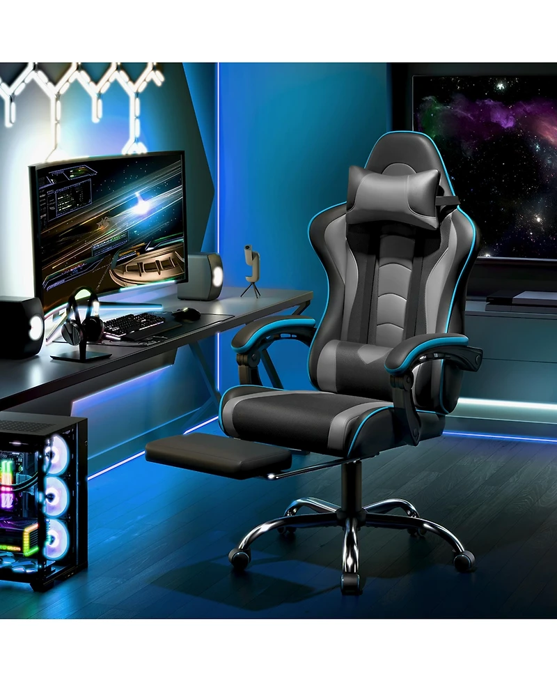 Yaheetech Ergonomic Gaming Chair, High Back Office Chair with Slide-Out Footrest and Padded Armrests, Pink/White
