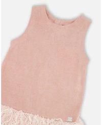Deux par Big Girls Sleeveless Bi-Material Lurex Dress with Feathers Light Pink