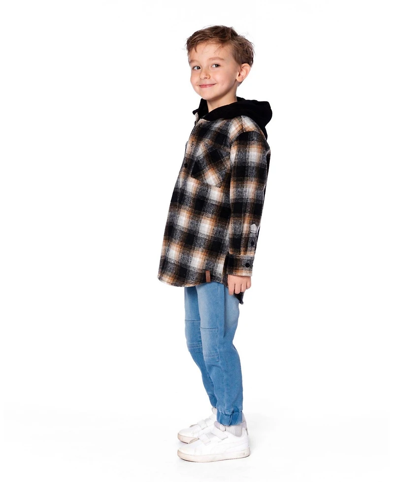 Deux par Boy Hooded Polar Fleece Overshirt with Hood Black and Brown Plaid - Child