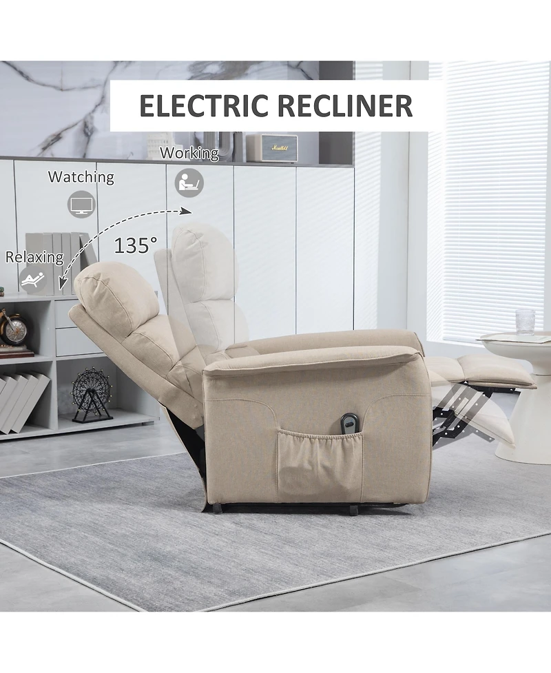 Flynama Homcom Power Lift Recliner Chair for Elderly, Easy Assembly, Fabric Lift Chair with Remote Control, Side Pockets for Living Room, Beige