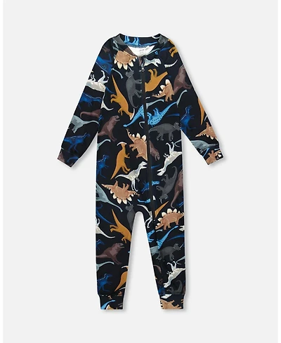 Deux par Boy One-Piece Thermal Underwear Black Dinosaur Print