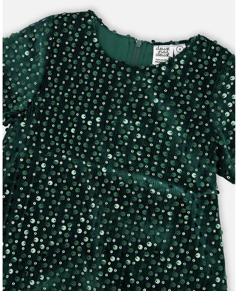 Deux par Girl Velvet Short Sleeve Dress for est Green - Child