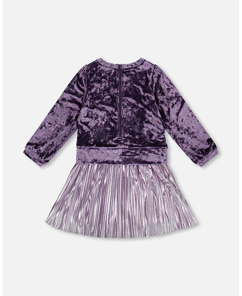 Deux par Girl Long Sleeve Bi-Material Velour and Jersey Dress Purple Gray - Child