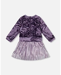 Deux par Girl Long Sleeve Bi-Material Velour and Jersey Dress Purple Gray - Child