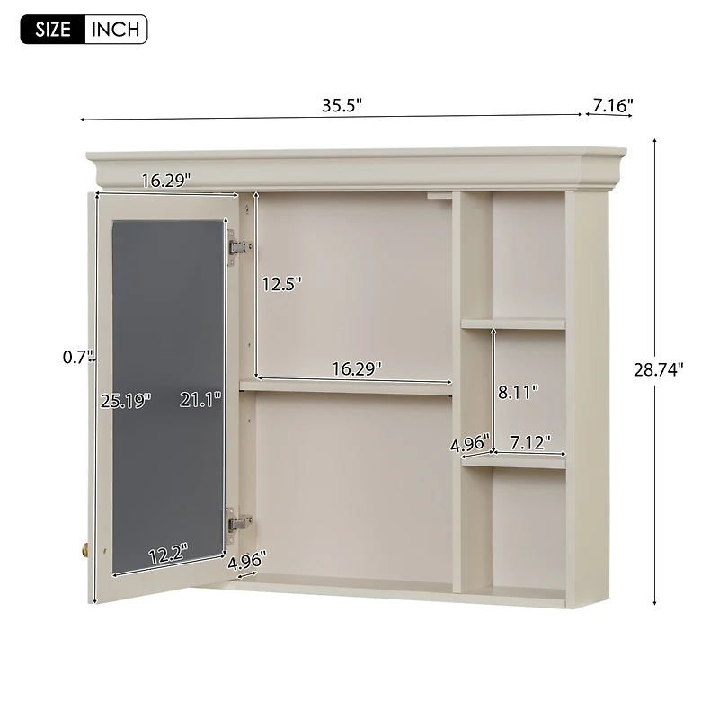 Casainc 35" x 28" Wall Mounted Medicine Cabinet with Mirror Door and 6 Open Shelves, Modern Storage Unit