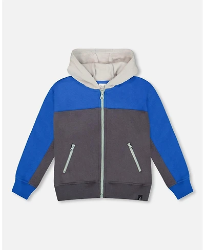 Deux par Baby Boy Color Blocked Zip Front Fleece Hoodie Dark Gray