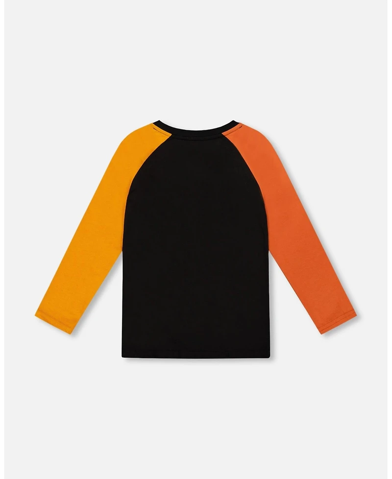 Deux par Boy Black Long Sleeve Raglan T-Shirt with Glow-In-The-Dark Dinosaur Print