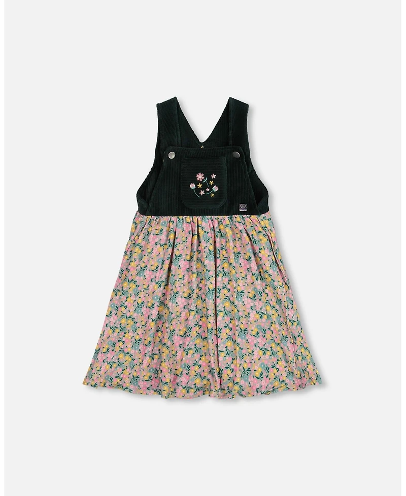 Deux par Girl Bi-Material Overall Dress Green with Flower Print - Toddler|Child