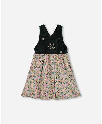 Deux par Girl Bi-Material Overall Dress Green with Flower Print - Toddler|Child