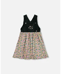Deux par Girl Bi-Material Overall Dress Green with Flower Print - Toddler|Child