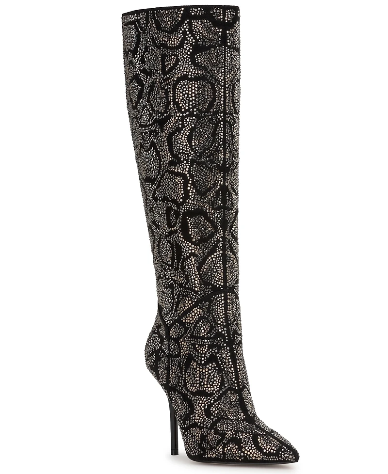 Jessica Simpson Women's Lovienn Rhinestone Stiletto Knee-High Wide-Calf Dress Boots