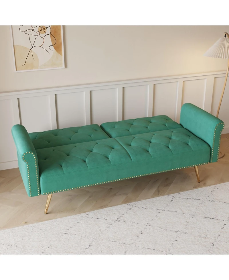 Streamdale Furniture Green Velvet Sofa Bed with Nailhead Trim & Pillow