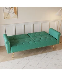 Streamdale Furniture Green Velvet Sofa Bed with Nailhead Trim & Pillow