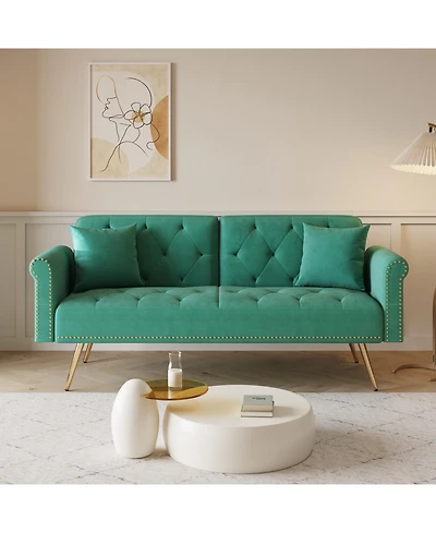 Streamdale Furniture Green Velvet Sofa Bed with Nailhead Trim & Pillow