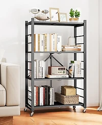 Sugift 4-Tier Foldable Storage Shelves, Metal Storage Rack with Wheels and Hooks