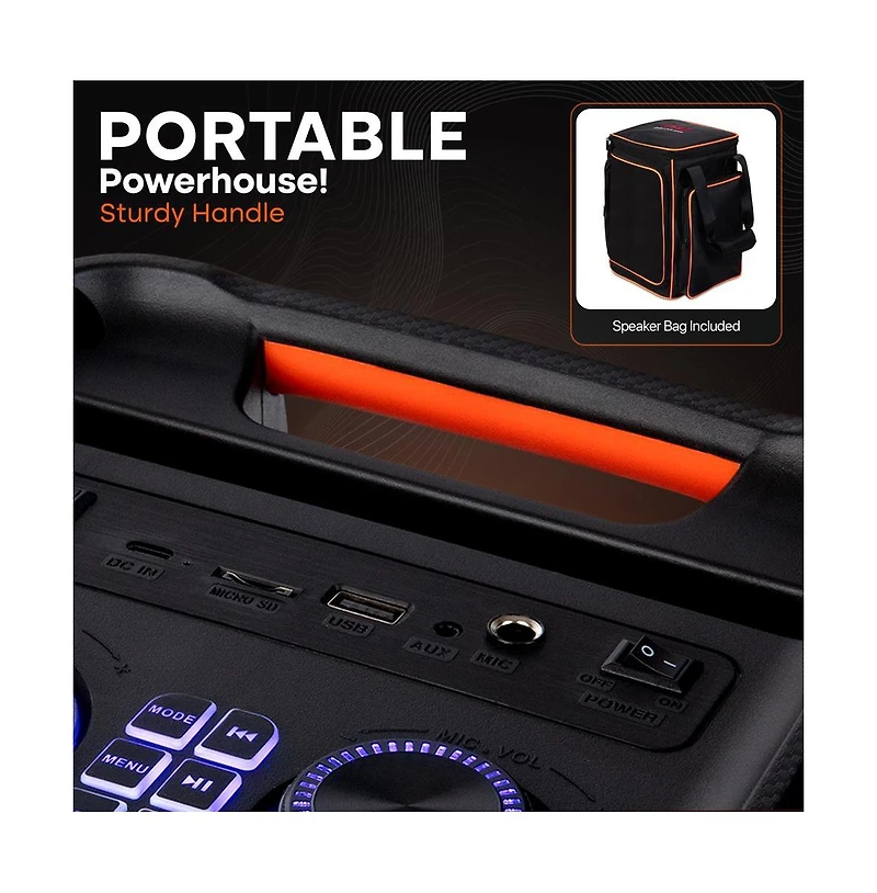Pyle Portable Bt Party Speaker with Built-in Rechargeable Battery, Tws Function, Mic Input, Mic Echo Control, Bass and Treble Control