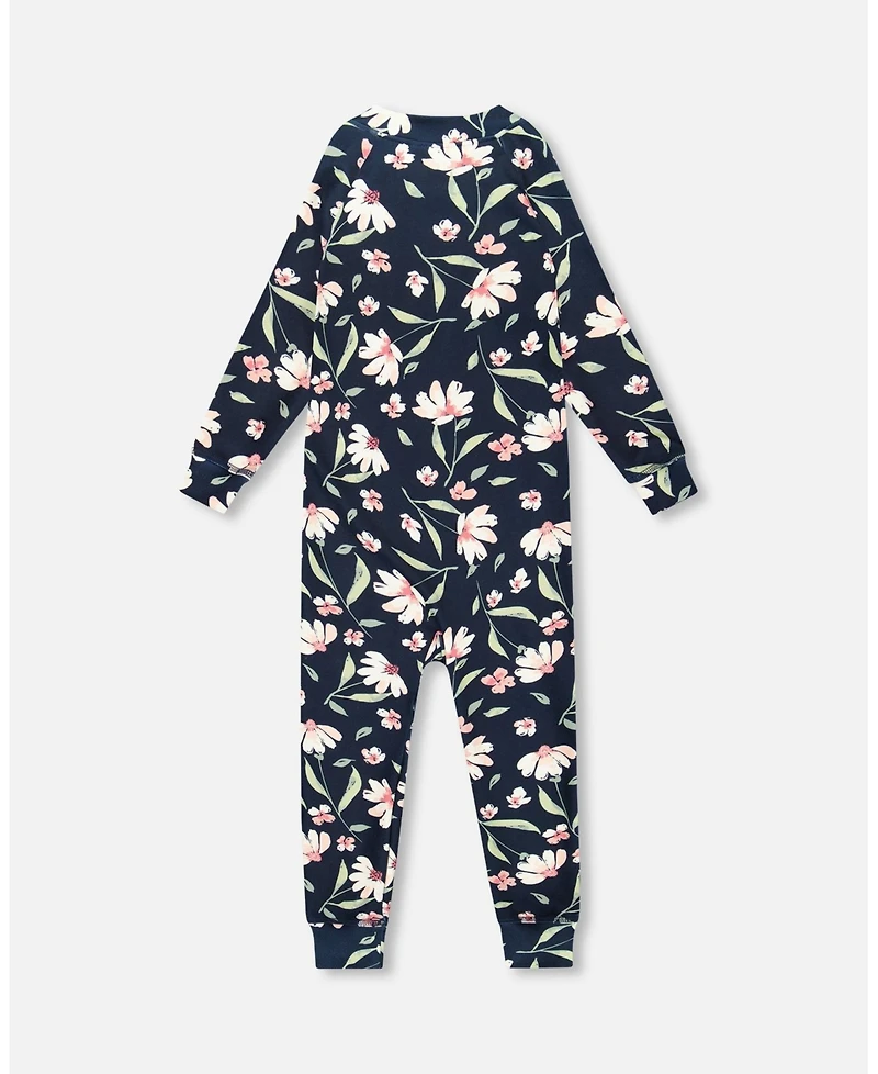 Deux par Toddler Girls One-Piece Thermal Underwear Navy Flower Print - Toddler|Child