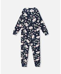 Deux par Toddler Girls One-Piece Thermal Underwear Navy Flower Print - Toddler|Child