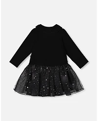 Deux par Baby Girls Bi-Material Dress with Glittering Skirt Black