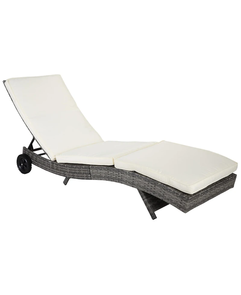 Wicker Chaise Lounge Pool Chair, Outdoor Pe Rattan Cushioned Patio Sun Lounger w/ 5-Level Adjustable Backrest & Wheels for Easy Movement, Cream White