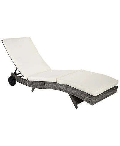 Wicker Chaise Lounge Pool Chair, Outdoor Pe Rattan Cushioned Patio Sun Lounger w/ 5-Level Adjustable Backrest & Wheels for Easy Movement, Cream White