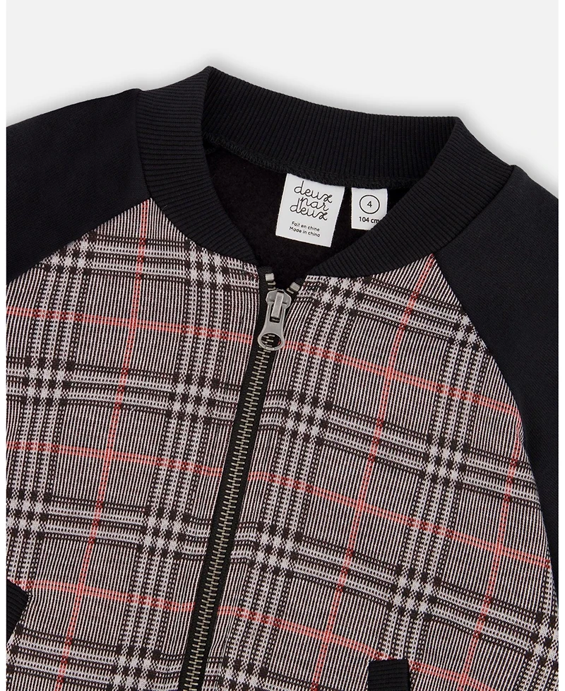 Deux par Baby Boy Bi-Material Zip Front Jacket Gray and Black Plaid