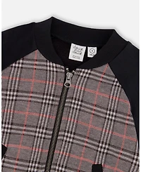 Deux par Baby Boy Bi-Material Zip Front Jacket Gray and Black Plaid