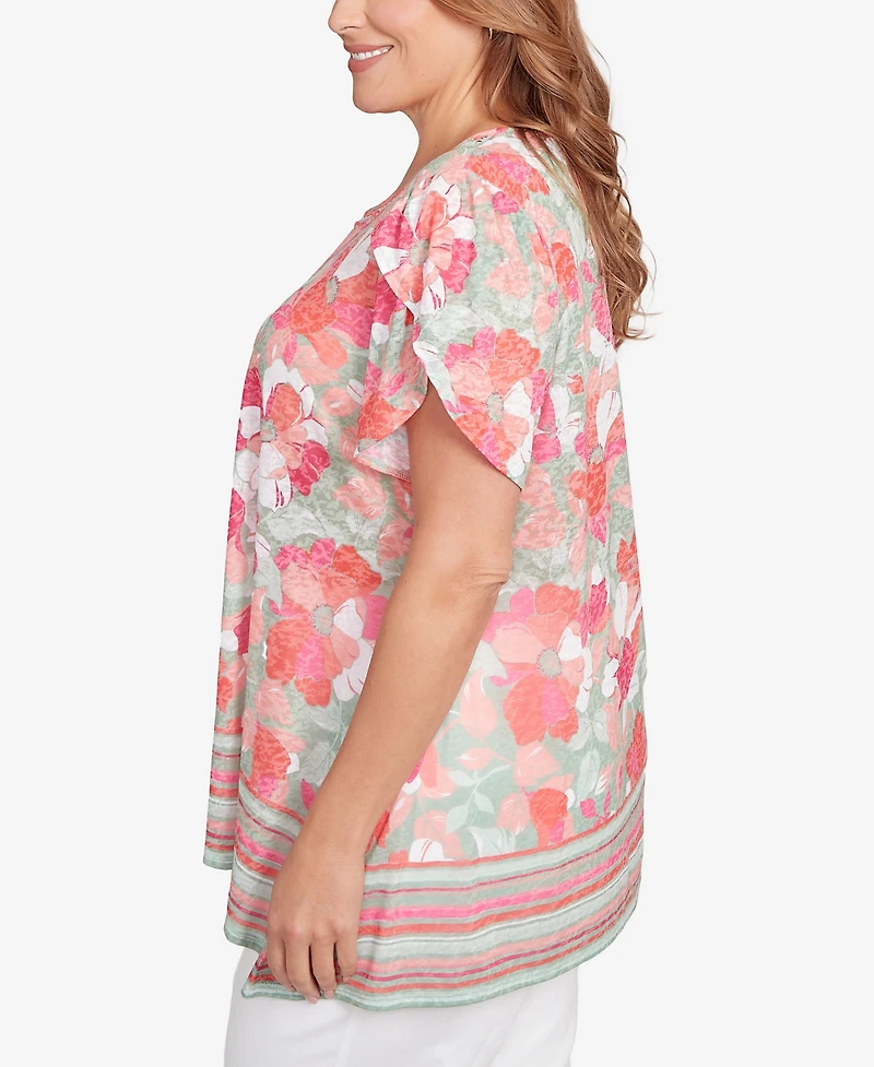 Ruby Rd. Plus Floral Striped Border Flutter Sleeve Top