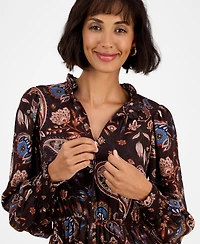 T Tahari Women's Printed Split-Neck Long-Sleeve Midi Dress