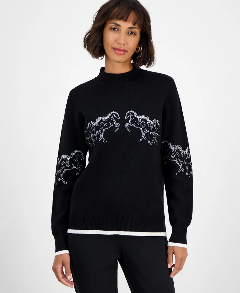 T Tahari Women's Mock-Neck Embroidered-Horse Sweater