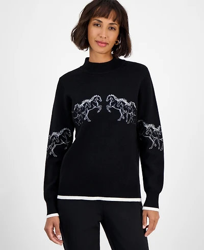 T Tahari Women's Mock-Neck Embroidered-Horse Sweater