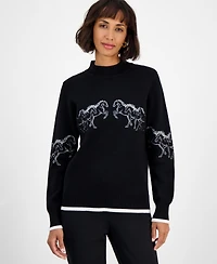 T Tahari Women's Mock-Neck Embroidered-Horse Sweater