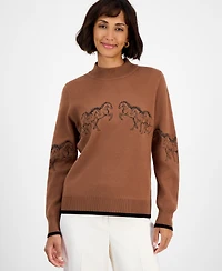 T Tahari Women's Mock-Neck Embroidered-Horse Sweater