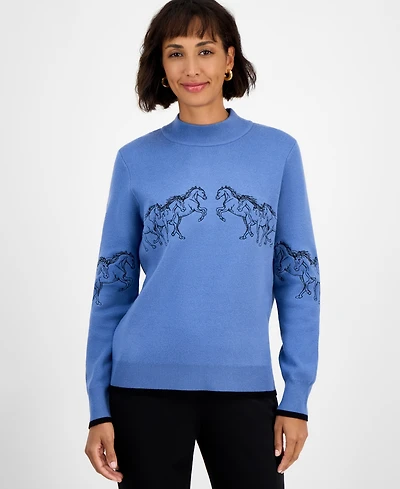 T Tahari Women's Mock-Neck Embroidered-Horse Sweater