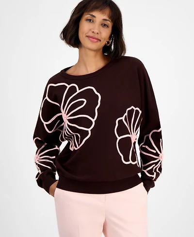 T Tahari Women's Floral-Embroidered Long-Sleeve Sweater