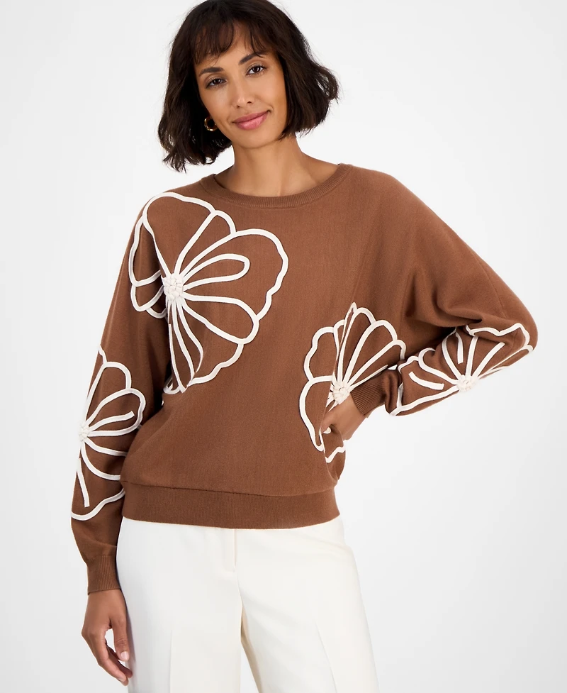 T Tahari Women's Floral-Embroidered Long-Sleeve Sweater