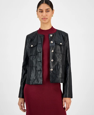 T Tahari Women's Button-Front Faux Leather Jacket