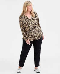 Jm Collection Plus Printed V-Neck Long-Sleeve Top