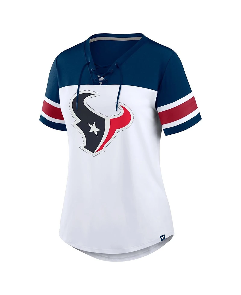 Fanatics Women's White/Navy Houston Texans Athena Rhinestone Lace-Up V-Neck T-Shirt