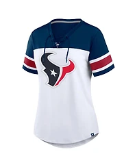 Fanatics Women's White/Navy Houston Texans Athena Rhinestone Lace-Up V-Neck T-Shirt