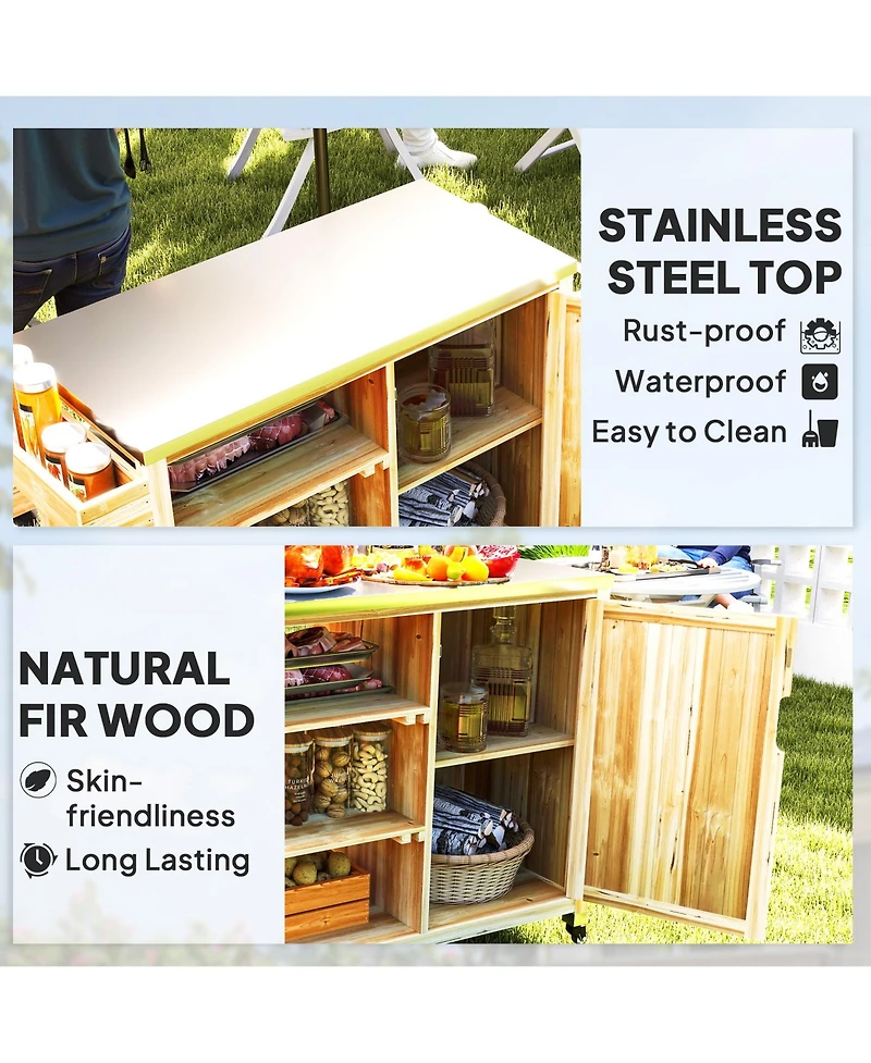 Outsunny Grill Cart, Stainless Steel Top Kitchen Island, Natural Wood