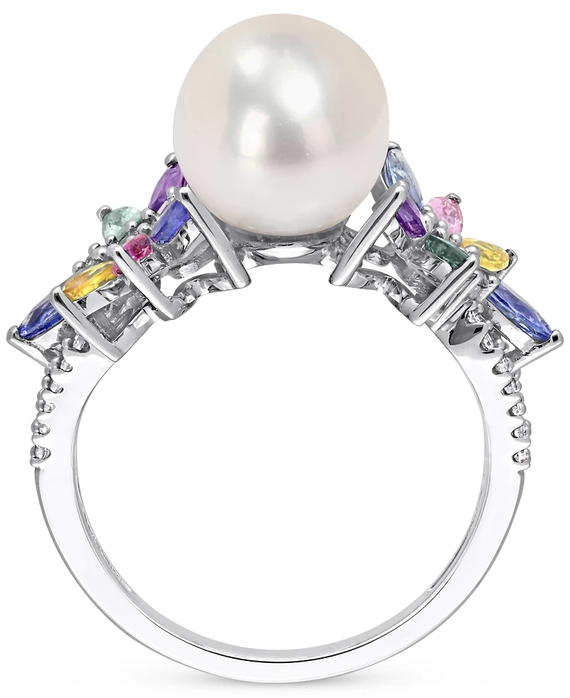 Cultured Freshwater Pearl (9mm), Multi-Sapphire (1-5/8 ct. t.w.) & Diamond (1/8 Ring 14k White Gold