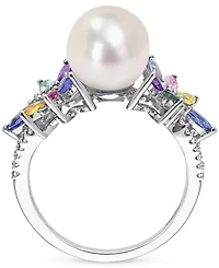 Cultured Freshwater Pearl (9mm), Multi-Sapphire (1-5/8 ct. t.w.) & Diamond (1/8 Ring 14k White Gold